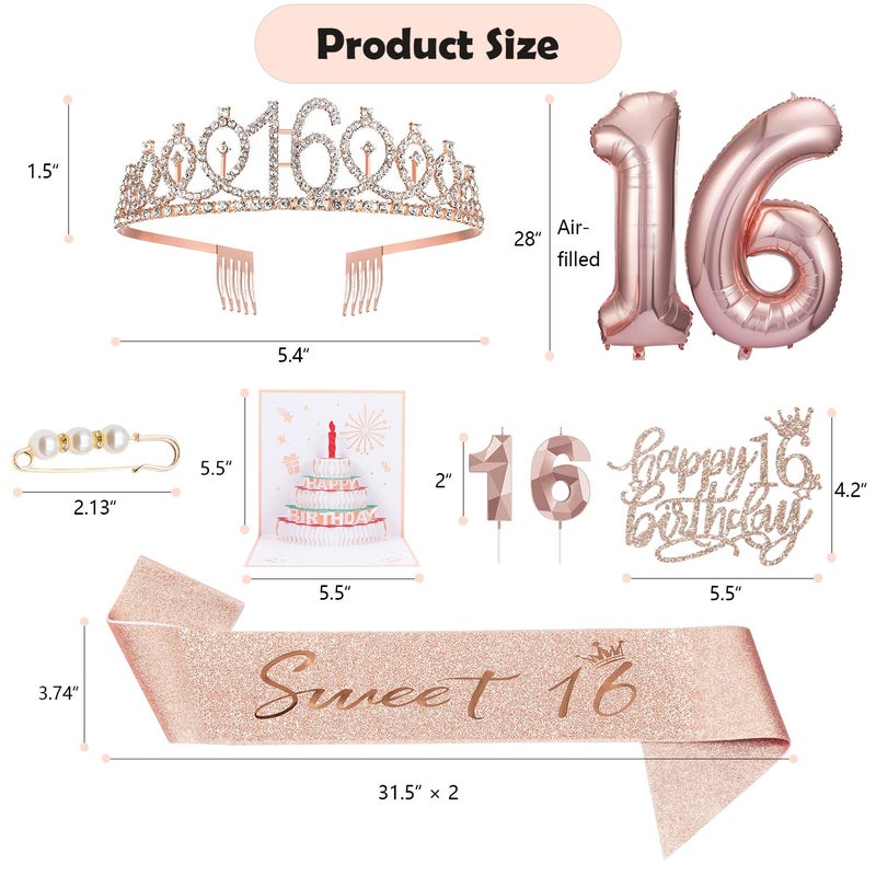 Awfrky 8pcs Sweet 16 Birthday Decorations for Girls  Including 16th Happy Birthday Cake Toppers  Birthday Queen Sash with Pearl Pin  Sweet Rhinestone Tiara Crown  Number Candles and Balloons Set  Rose Gold - Image 2